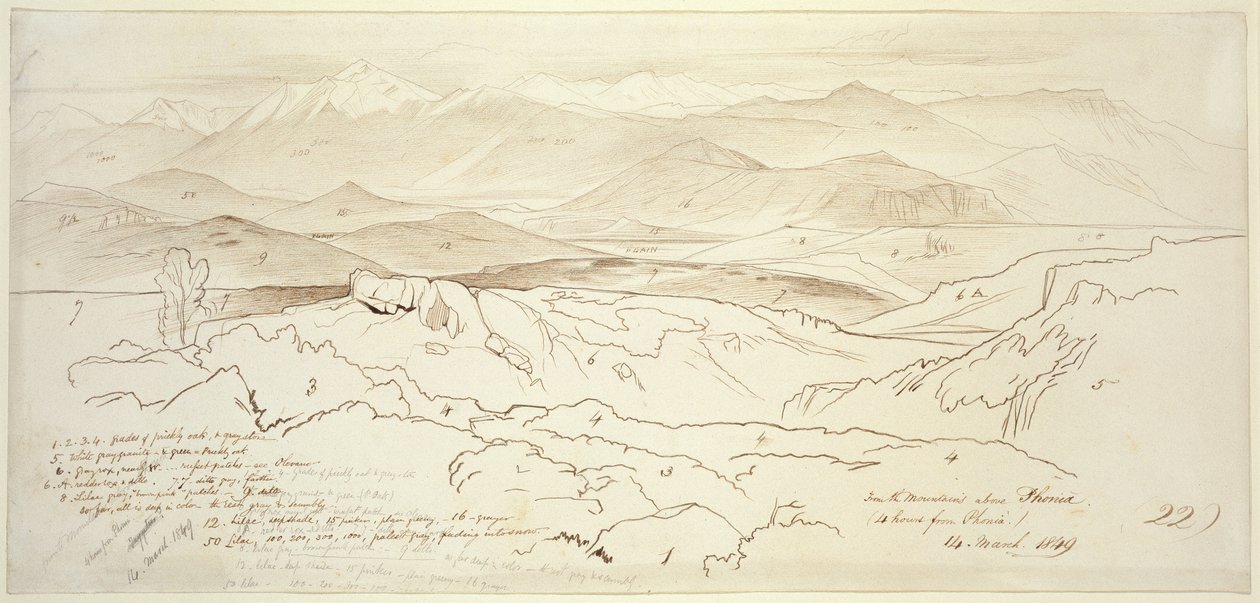 查看1849年Phonia上面的山脉（笔和棕色墨水与石墨在白纸上） 作者 爱德华·李尔
