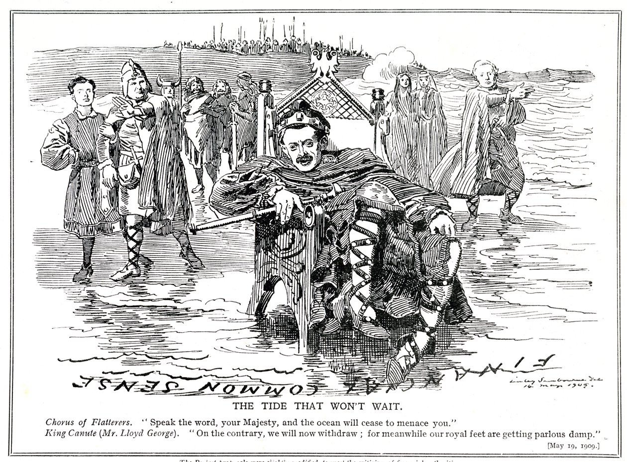 劳埃德·乔治（Lloyd George）作为“卡努特国王”（King Canute），在1909年被金融当局批评后，决定修改其预算案提案 作者 爱德华·林利·桑伯恩