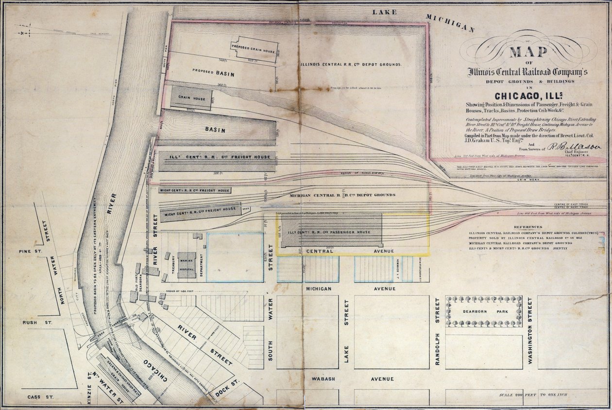 1855年芝加哥中央铁路公司仓库地面和建筑物的地图 作者 爱德华·孟德尔