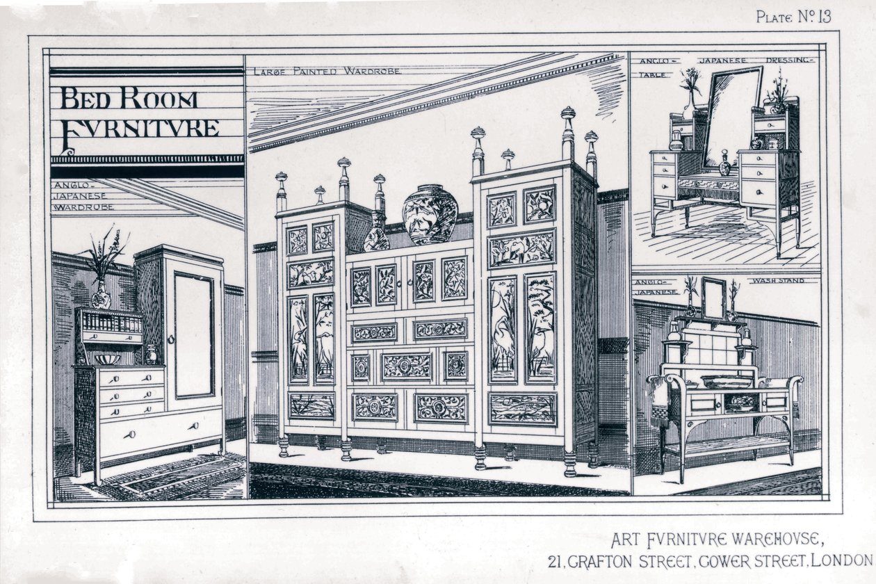 卧室家具来自Art Furniture Warehouse，Plate 13，Godwin Edward William（1833-86），1876，制造商Watt W. 作者 爱德华·威廉·戈德温