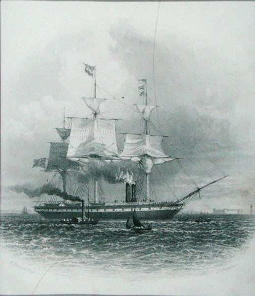 利物浦--1853年离开港口的 "大不列颠号"，出自查尔斯-汤姆林森编辑的《实用艺术与制造业百科全书》，由J.布拉德肖雕刻，约1880年代（雕刻）。 作者 爱德华（后）邓肯