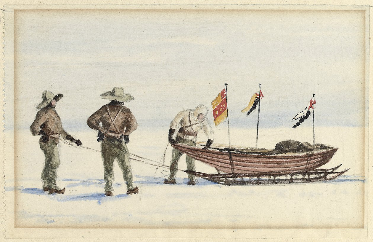 1902年2月，前往白岛的雪橇派对：沙克尔顿，威尔逊和费拉尔准备出发，1902年 作者 爱德华·阿德里安·威尔逊