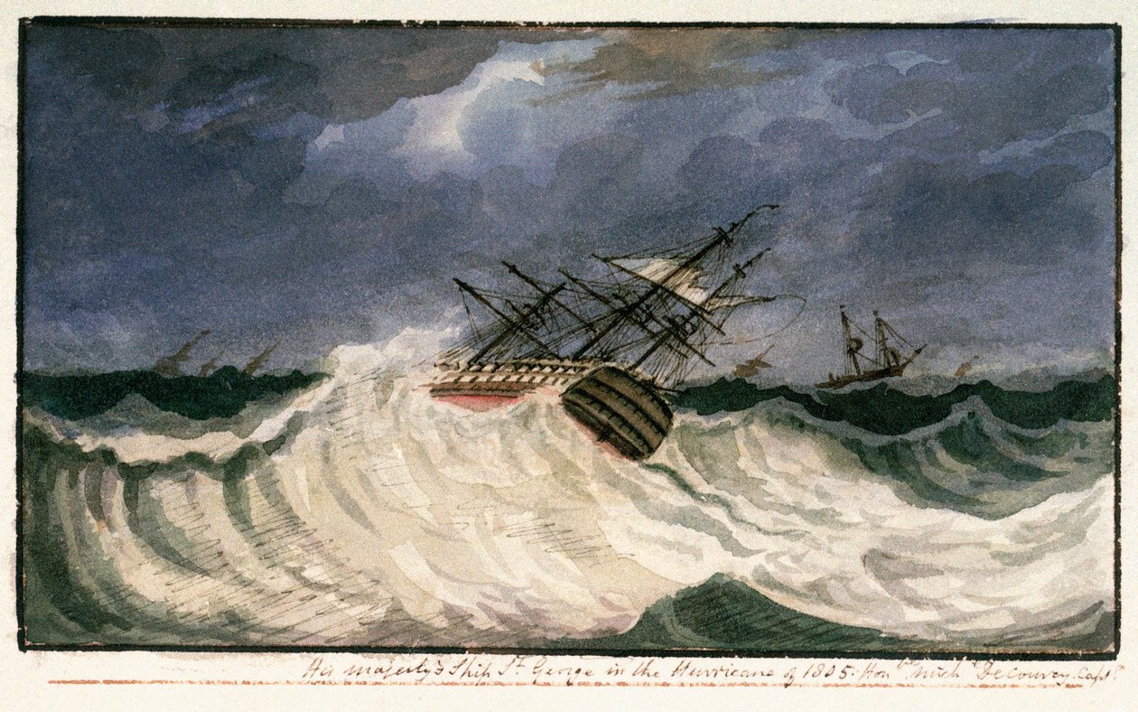 1805 年飓风中的圣乔治号，约 1805 年（水彩画） 作者 爱德华·班菲尔德·伊格尔斯