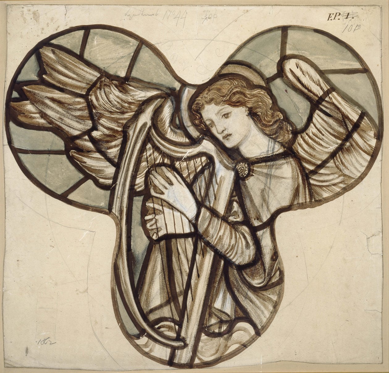 Lyndhurst教堂的彩色玻璃设计：天使竖琴师，1862年（石墨上的棕色和蓝色洗涤） 作者 爱德华·伯恩·琼斯