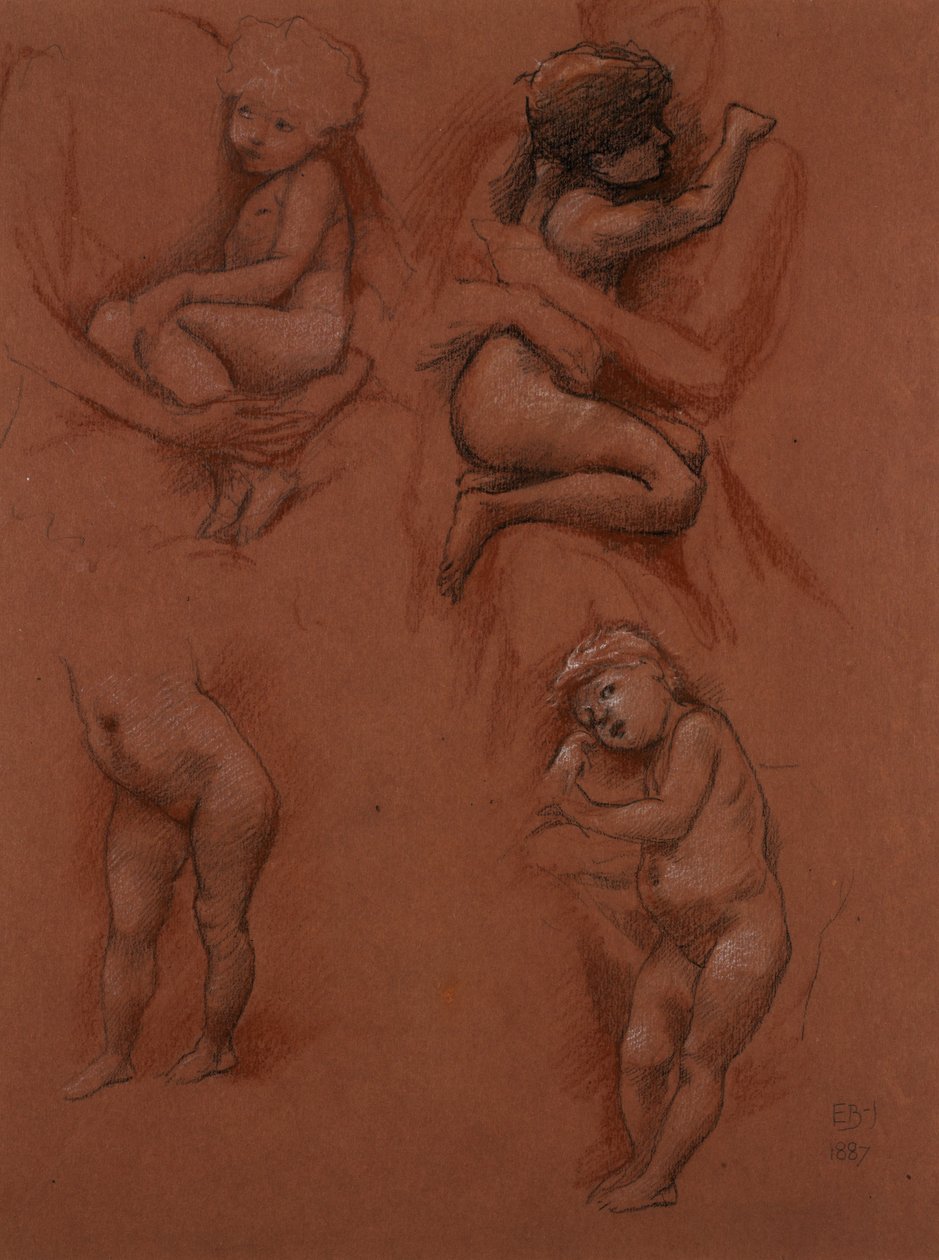对母亲怀抱中儿童的研究，1887年（红纸上的黑色，红色和白色粉笔） 作者 爱德华·伯恩·琼斯