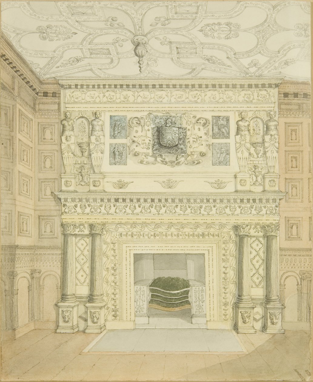 Chimneypiece, Great Oak Room, Red Lodge（纸本铅笔和水彩） 作者 爱德华·卡辛