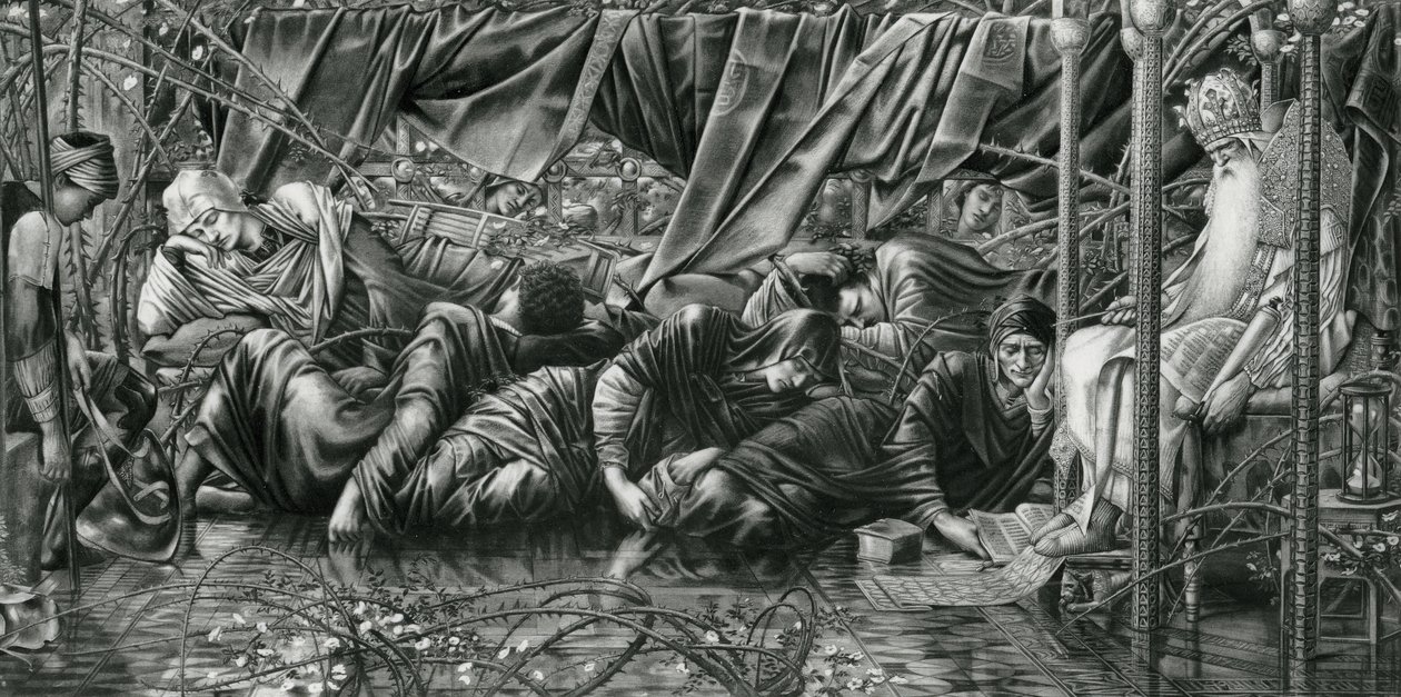 议事厅，选自《荆棘玫瑰》系列 作者 爱德华·科利（之后）伯恩·琼斯（Burne Jones）