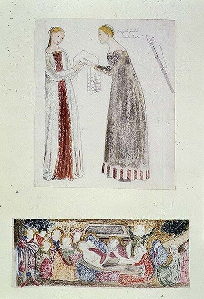 No.1084-f.10 (TtoB) 两个女仆，来自佛罗伦萨Rinuccini教堂的Giovanni da Milano的《玛丽的诞生》副本；《哀歌》（水彩，铅笔） 作者 爱德华·科利·伯恩-琼斯