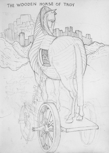 特洛伊的木马（纸上铅笔画） 作者 爱德华·科利·伯恩-琼斯