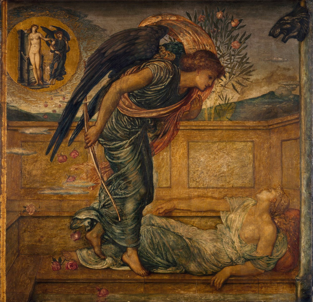丘比特和灵魂-宫殿绿色壁画-丘比特发现灵魂在喷泉旁沉睡，1881年 作者 爱德华·伯恩·琼斯