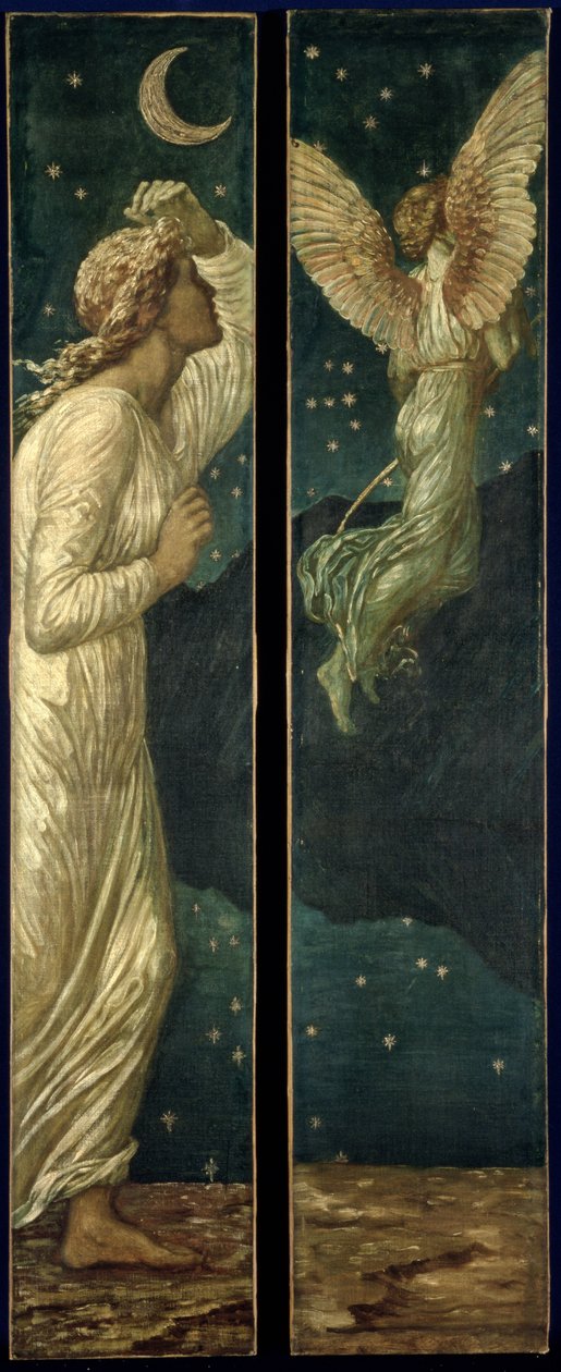 丘比特与赛琪-宫殿绿色壁画-丘比特飞离赛琪，1881年 作者 爱德华·伯恩·琼斯