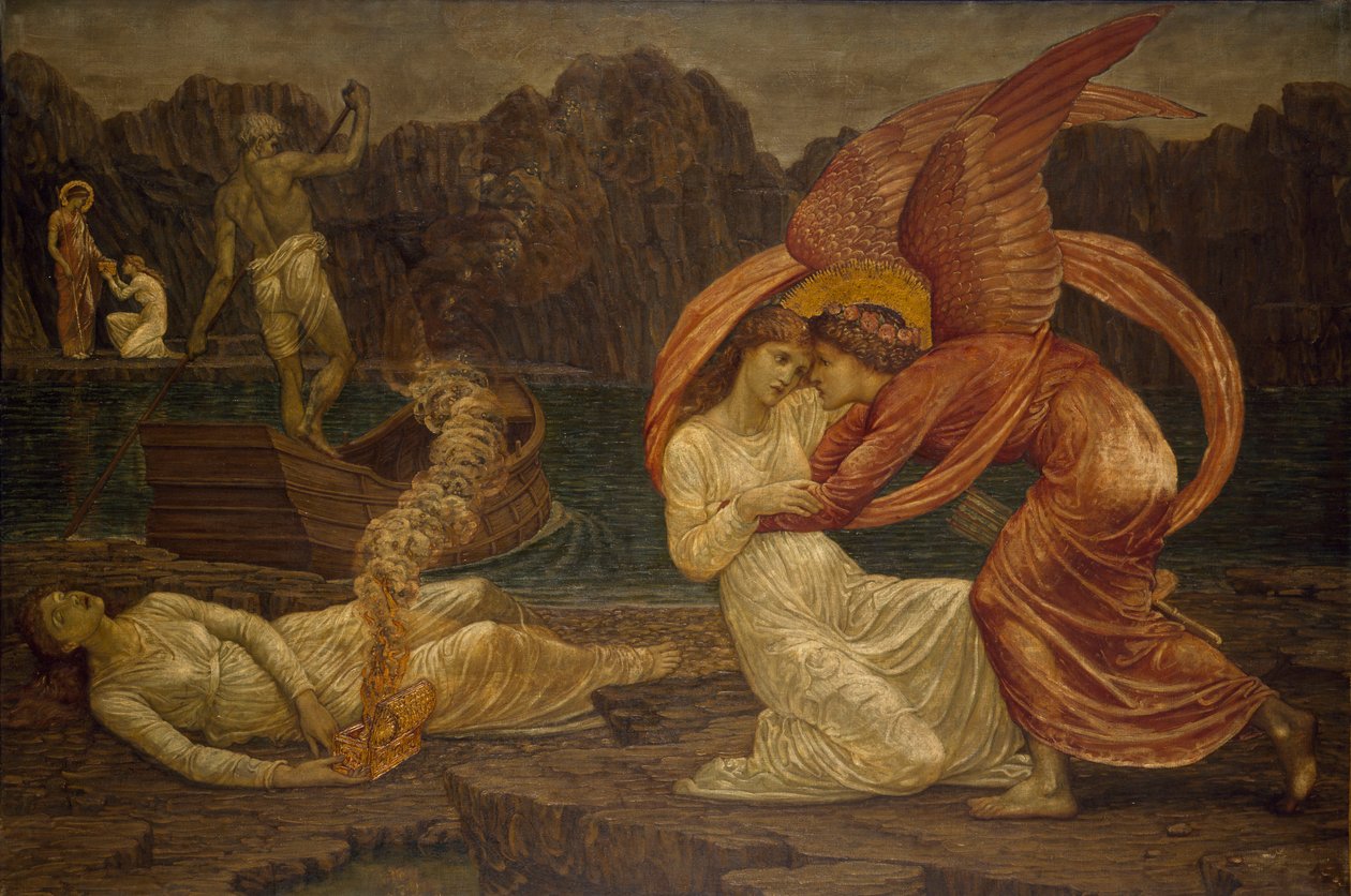 丘比特与赛琪-宫殿绿色壁画-赛琪从Proserpine接收棺材，1881年 作者 爱德华·伯恩·琼斯