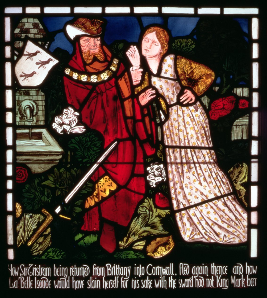 Isolde the Fair试图从“特里斯坦和伊索尔德的故事”，威廉莫里斯公司（彩色玻璃）中杀死自己 作者 爱德华·伯恩·琼斯