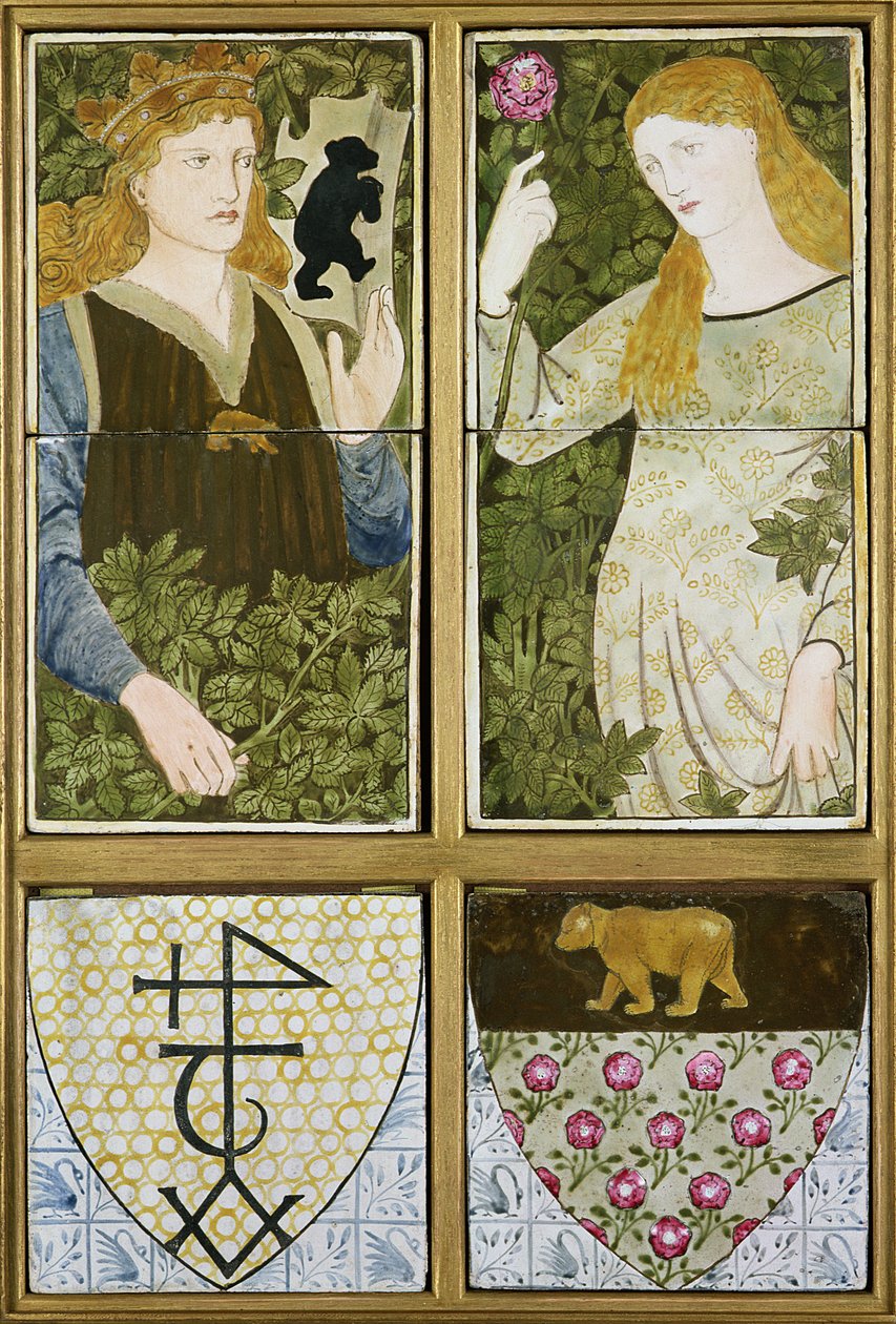King Arthur和Queen Guinevere，由Tiris，Marshall，Faulkner＆Co。制造的Six Tile Panel（陶瓷） 作者 爱德华·伯恩·琼斯