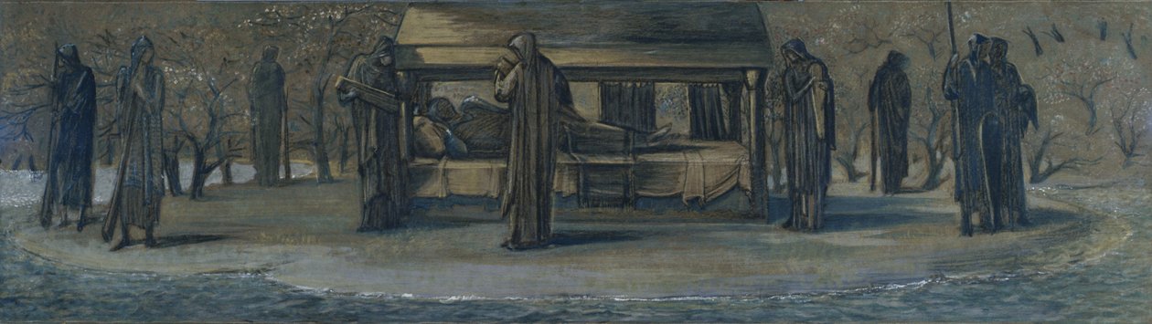 亚瑟王在阿瓦隆，约 1890 年（纸质混合媒介） 作者 爱德华·科利·伯恩·琼斯