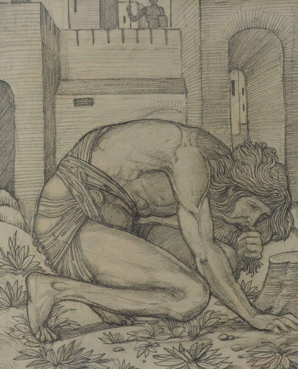 尼布甲尼撒吃草，1878年（粉笔在纸上） 作者 爱德华·伯恩·琼斯