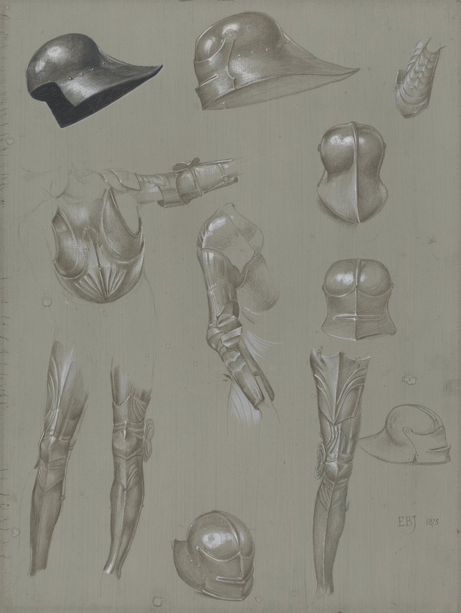 1875年盔甲套装的研究（石墨，洗涤，卫生和纸张上的体色） 作者 爱德华·伯恩·琼斯