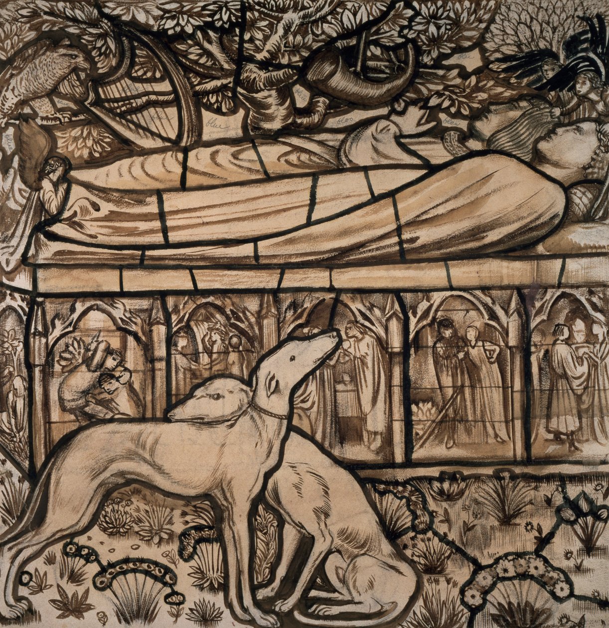 Tristram and Iseult墓，彩色玻璃卡通，1862年 作者 爱德华·伯恩·琼斯