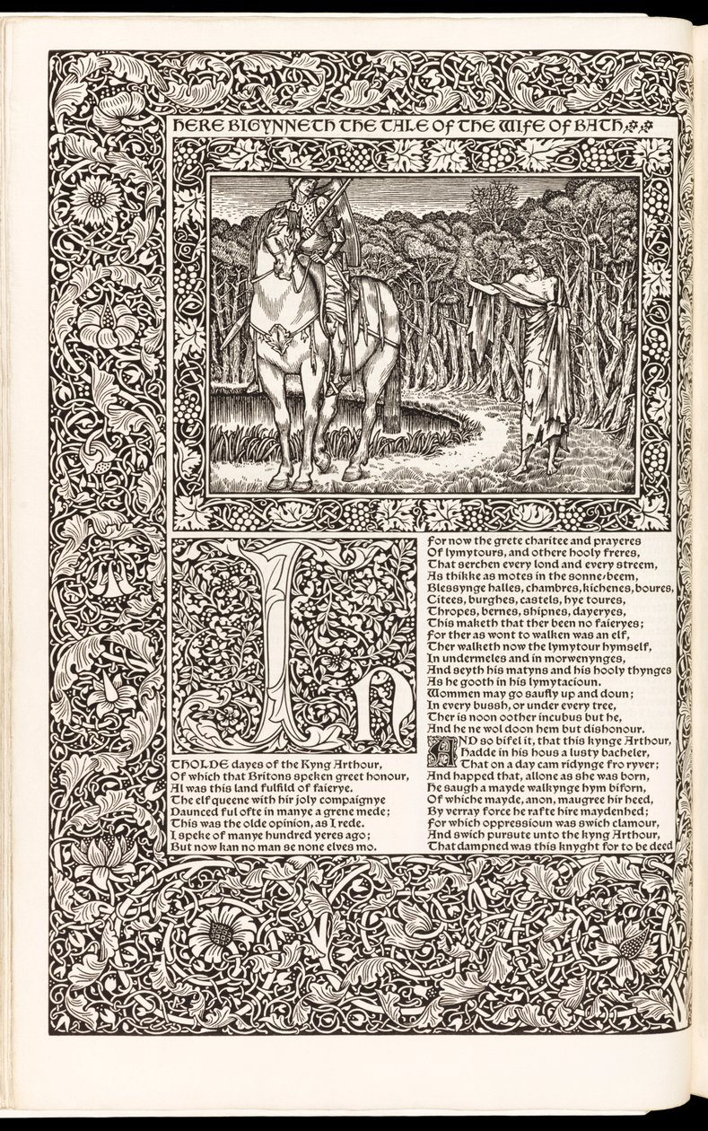 杰弗里-乔叟的《杰弗里-乔叟作品》（The Works of Geoffrey Chaucer Now Newly Imprinted），由凯尔姆斯科特出版社于1896年出版（木刻）。 作者 爱德华·伯恩·琼斯