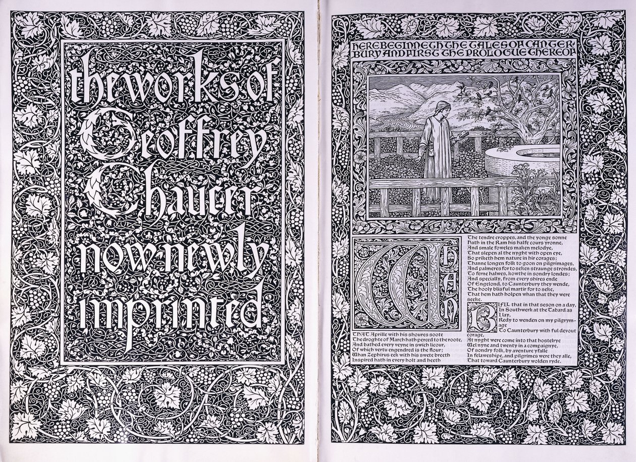 凯尔姆斯科特出版社（Gelmrey Chaucer）的作品的标题页和开篇，1896年 作者 爱德华·伯恩·琼斯