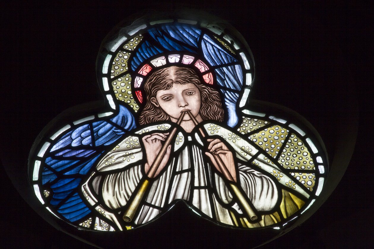 Wilden，All Saints，Morris＆Co.，Edward Burne-Jones，John Henry Dearle（1859-1932），天使吹双管，天使音乐家，1902-1914，Louisa，Alfred，The Baldwins，总理，卫理公会，W 作者 爱德华·科利和迪尔·伯恩·琼斯