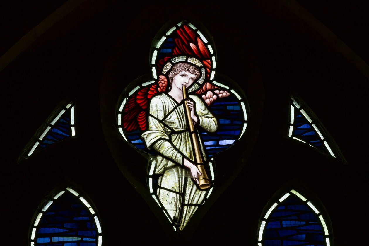 Wilden，All Saints，Morris＆Co.，Edward Burne-Jones，John Henry Dearle（1859-1932），Tracery Angel，天使音乐家，1902-1914，Louisa，Alfred，The Baldwins，总理，卫理公会，伍斯特郡， 作者 爱德华·科利和迪尔·伯恩·琼斯