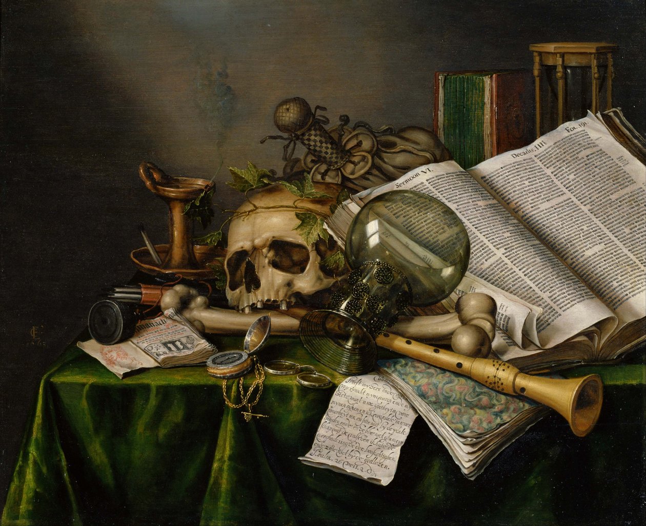 Vanitas。静物与书籍，手稿和头骨 作者 爱德华科利尔