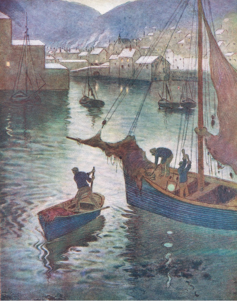 波尔珀罗海港，摘自 Hutchinson  Co 出版的《美丽的英国》，约 1920 年（彩色石版印刷）。 作者 爱德华·埃兹