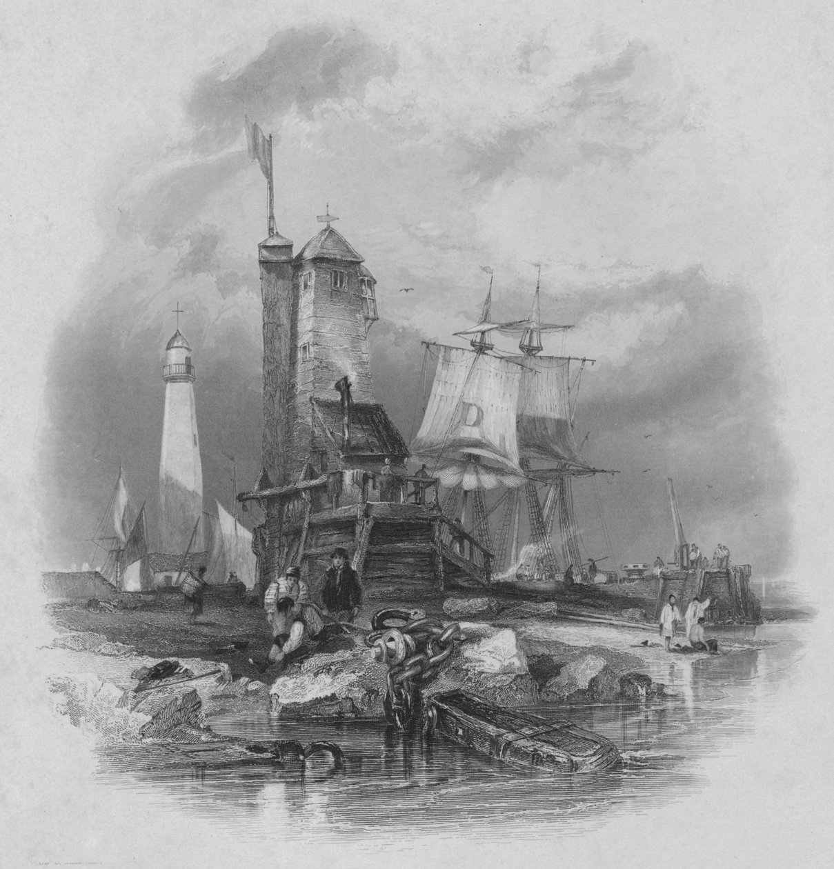 桑德兰（Sunderland）：南码头的灯塔，1836年 作者 爱德华·弗朗西斯·芬德