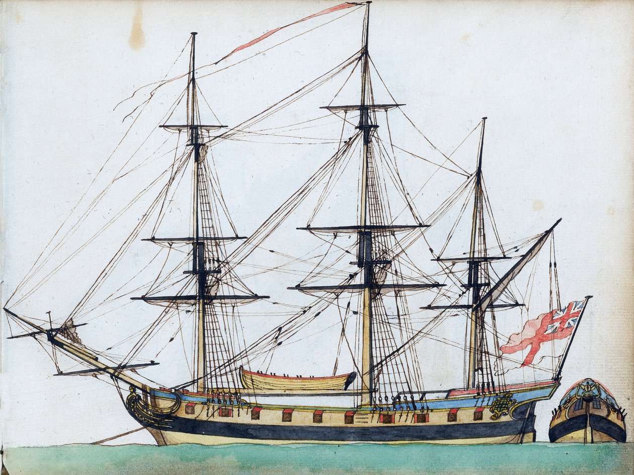 英国 20 门火炮船，展示索具和船艇，以及船尾的单独视图，约 1780 年（水彩、钢笔和墨水） 作者 爱德华·格温