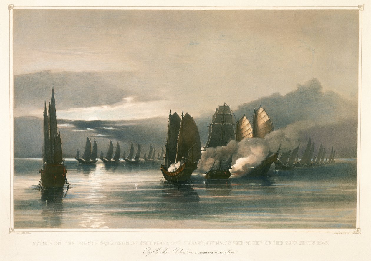 1849 年 9 月 28 日，中国 Tysami 附近，对 Chuiapoo 海盗中队的袭击（石版画），19 世纪中叶 作者 爱德华·霍奇斯·克里