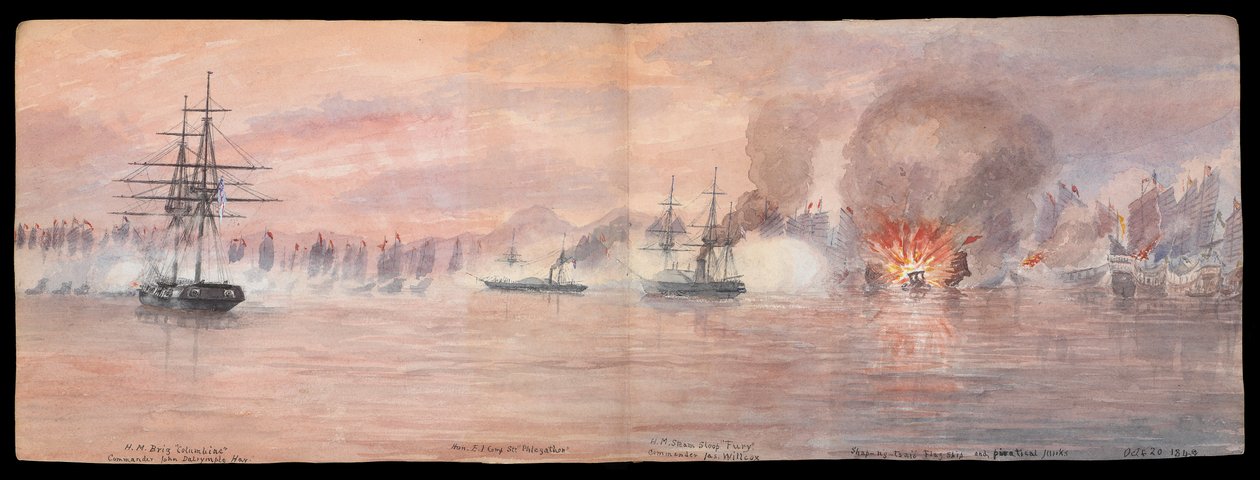 E H 克里博士的私人插图日志》，第 XII 卷，1849 年，第 73-74 页对面的折页，"在通金河袭击沙普昂采海盗船队"，1849 年 10 月 21 日 CRJ12（绘画）。 作者 爱德华·霍奇斯·克里