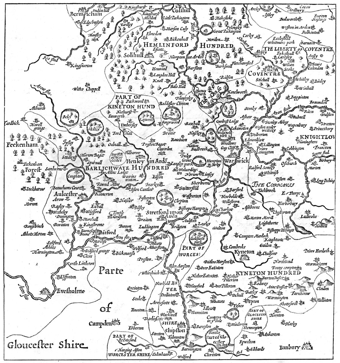 埃文河畔斯特拉特福及其周边地区的地图，摄于1610年，1885年。 作者 爱德华·赫尔