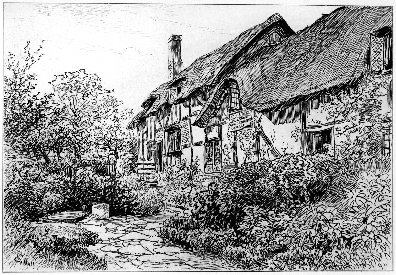 沃里克郡埃文河畔斯特拉特福Shottery的安妮·海瑟薇小屋，1885年 作者 爱德华·赫尔