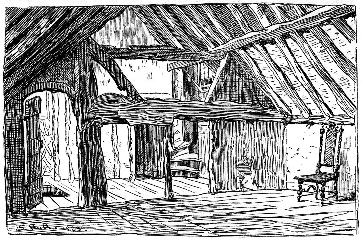 莎士比亚故居的最高故事，埃文河畔斯特拉特福，1885年。 作者 爱德华·赫尔