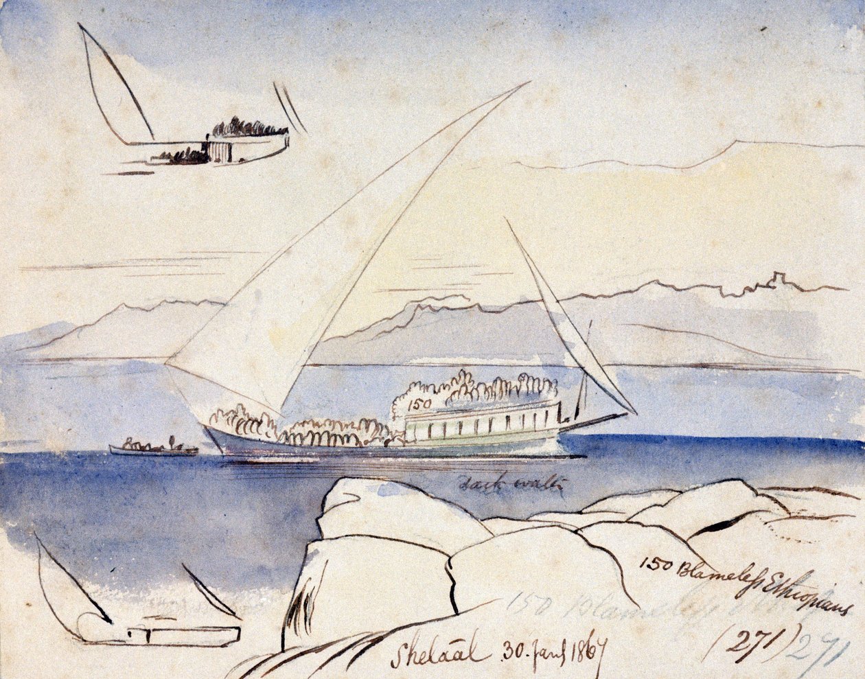 一艘埃及独桅帆船行驶在尼罗河上，靠近 Shetaal（埃及）。彩色水彩画 作者 爱德华·李尔
