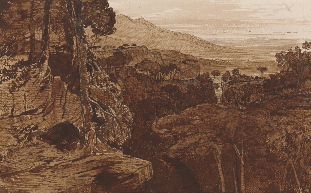巴维拉，可西嘉岛，约1868年（钢笔和墨水在纸上洗净） 作者 爱德华·李尔