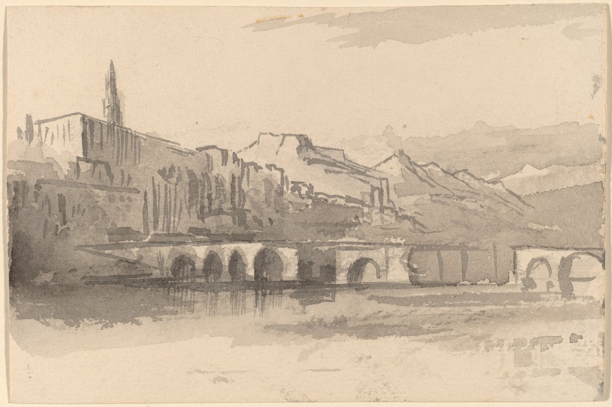 桥与远处的山峰 Ventimiglia, 18841885. 作者 爱德华·李尔
