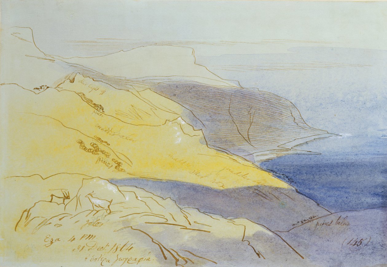 沿海风景，Eza，1864年（wc，笔和墨水在纸上） 作者 爱德华·李尔