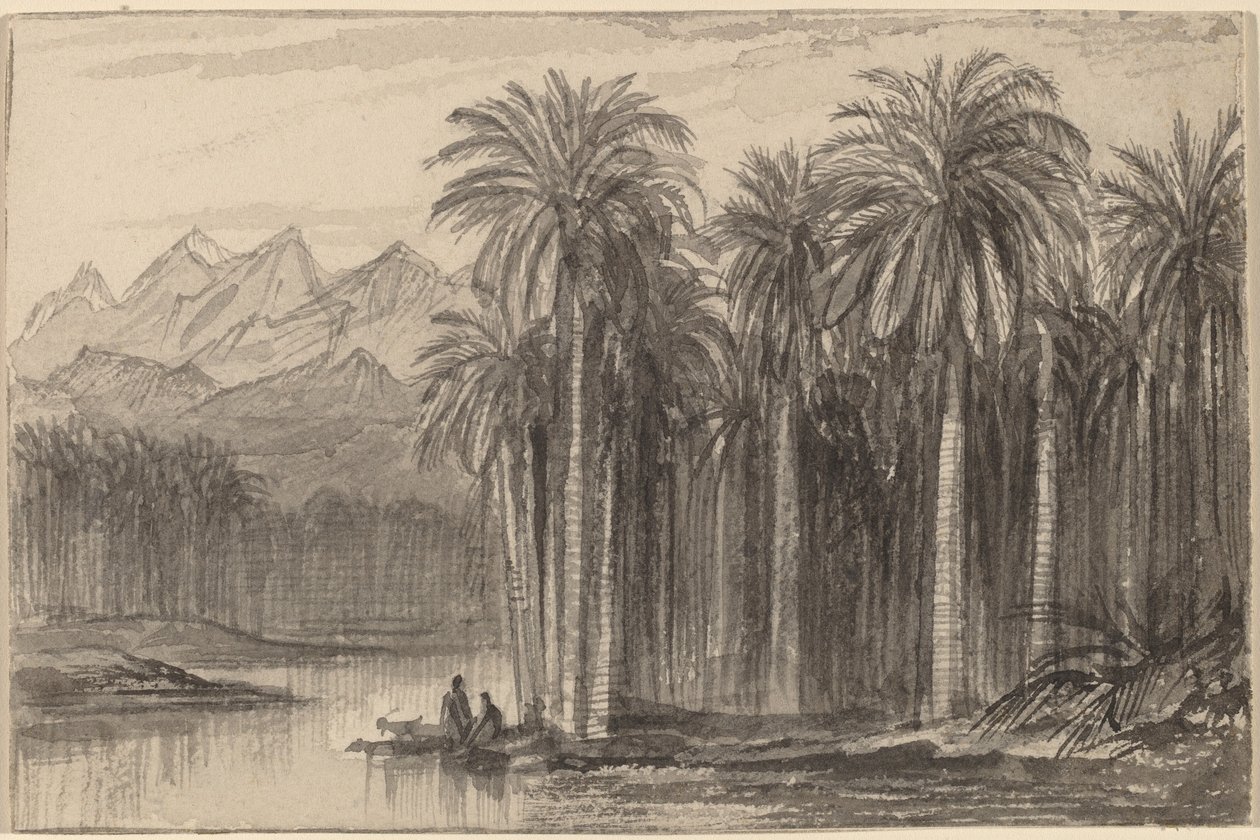 乘坐独木舟从棕榈树丛中出发的人物 Wady Feiran, 1884-1885. 作者 爱德华·李尔
