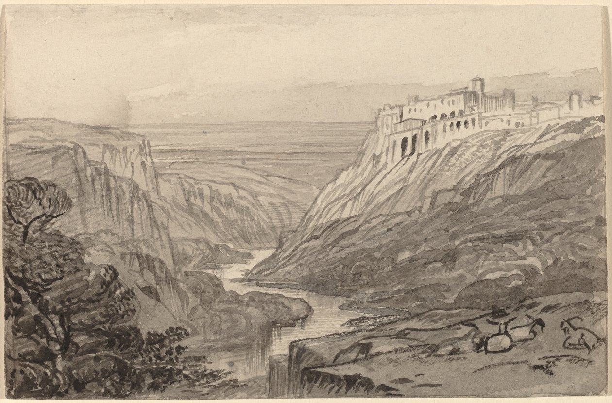 山羊在河谷上方休息 意大利纳尔尼，1884-1885。 作者 爱德华·李尔