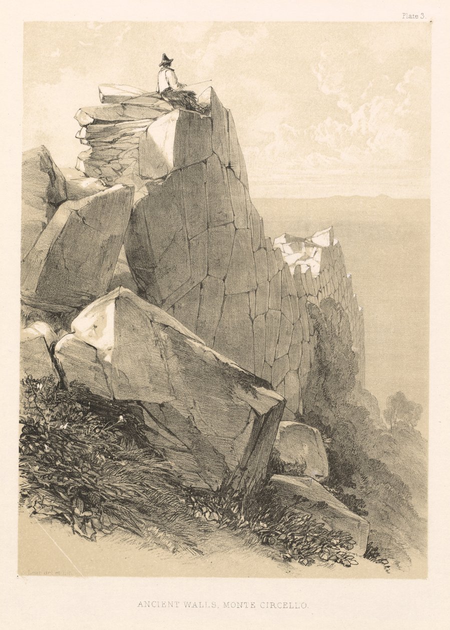 意大利卷插图游览。二：古城墙，蒙特切尔罗，1846年。 作者 爱德华·李尔