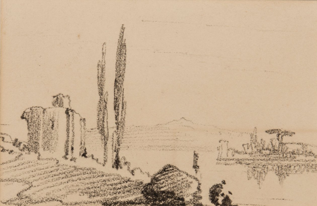 意大利随想曲，c.1837（黑色粉笔在纸上） 作者 爱德华·李尔