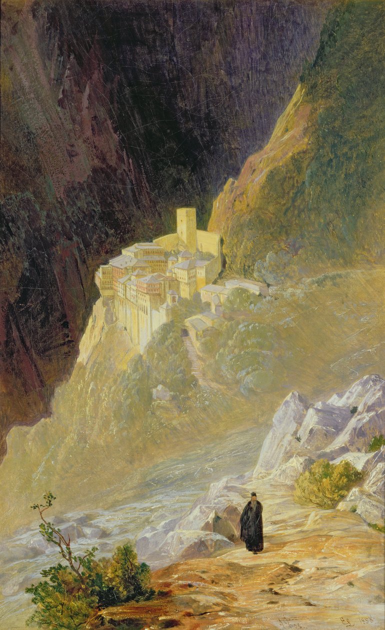 阿索斯山，圣保罗修道院，1858年 作者 爱德华·李尔