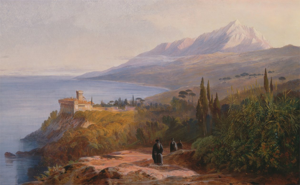 阿托斯山和Stavronikétes修道院，1857年。 作者 爱德华·李尔