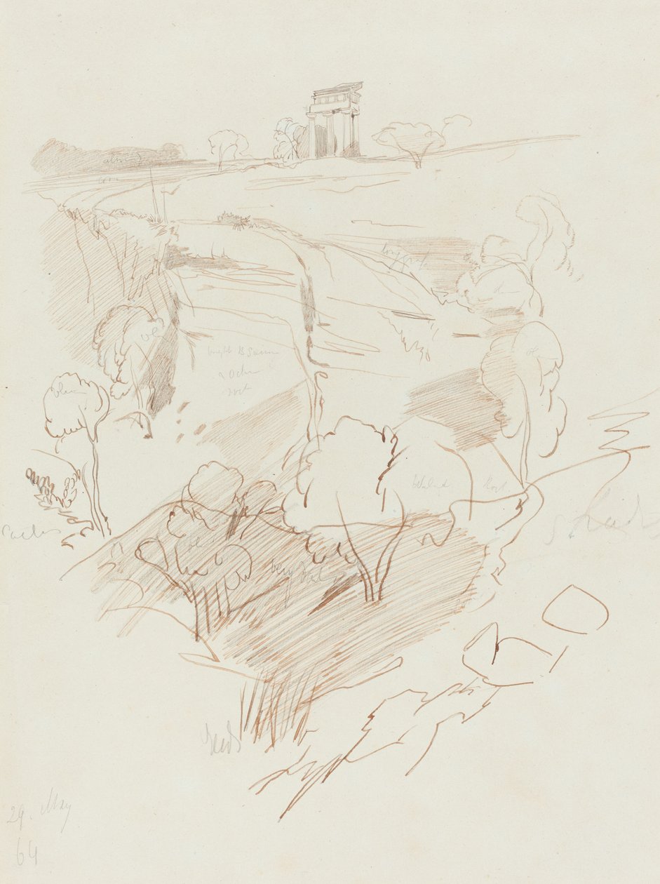 山上的废庙，1864年。 作者 爱德华·李尔