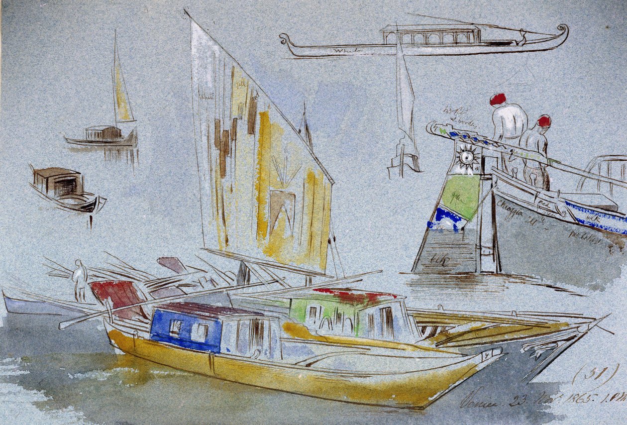 威尼斯船只研究。彩色水彩画，作者爱德华-李尔（1812-1888 年）。 作者 爱德华·李尔