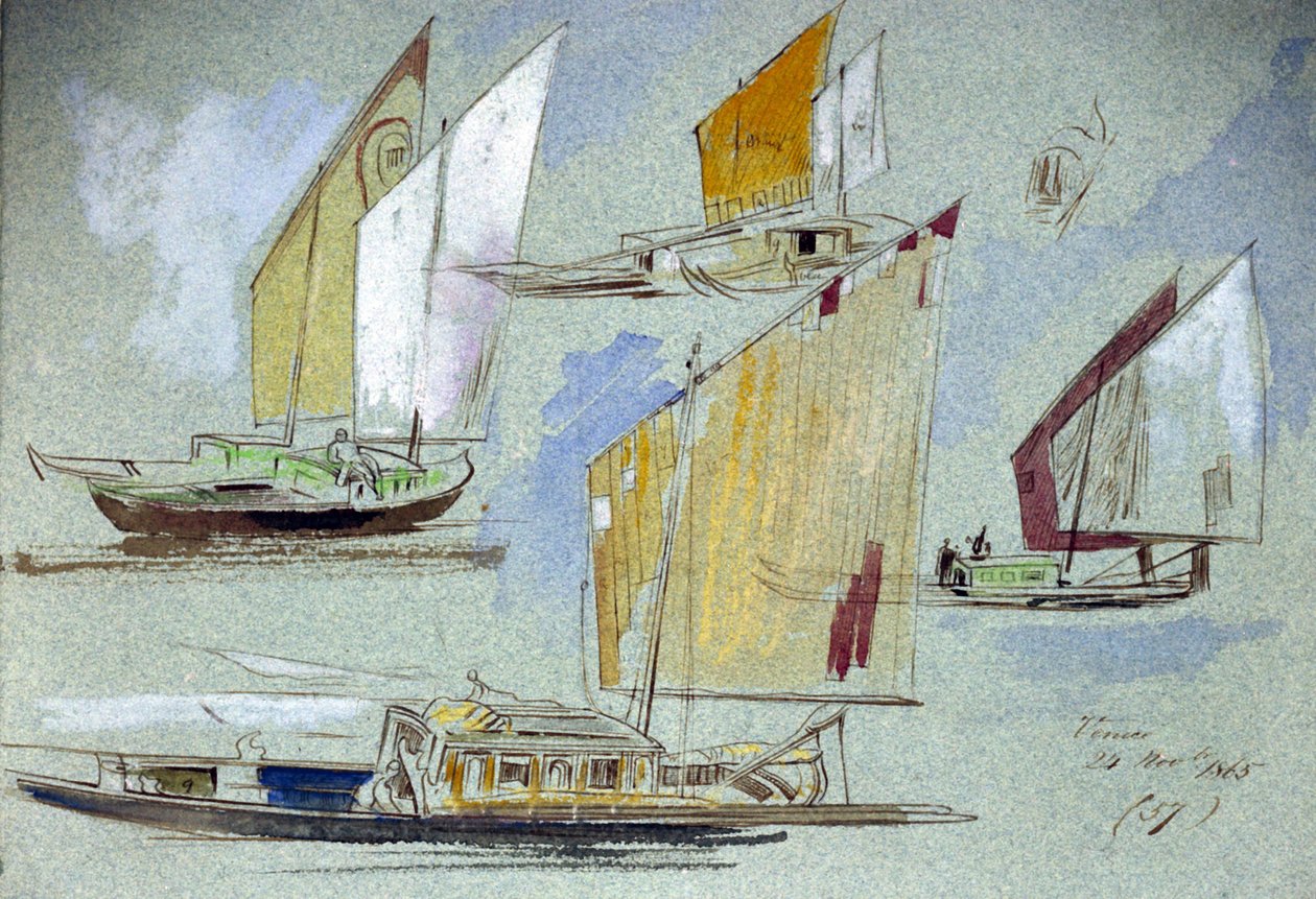 威尼斯满帆船只研究。彩色水彩画，作者爱德华-李尔（1812-1888 年）。 作者 爱德华·李尔