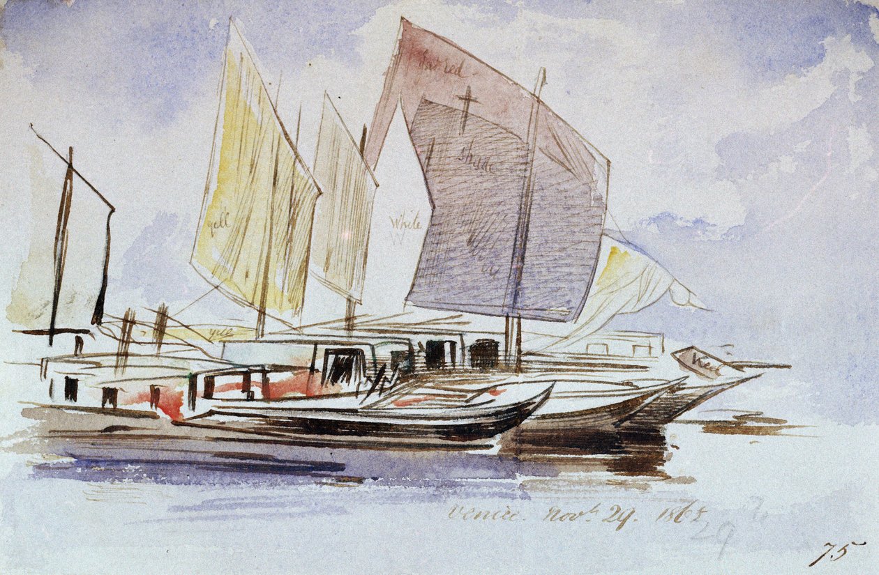 威尼斯船研究，满帆，右舷视图。彩色水彩画，作者爱德华-李尔（1812-1888 年）。 作者 爱德华·李尔