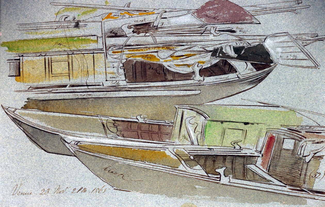 威尼斯停泊船只的研究。彩色水彩画，作者爱德华-李尔（1812-1888 年）。 作者 爱德华·李尔